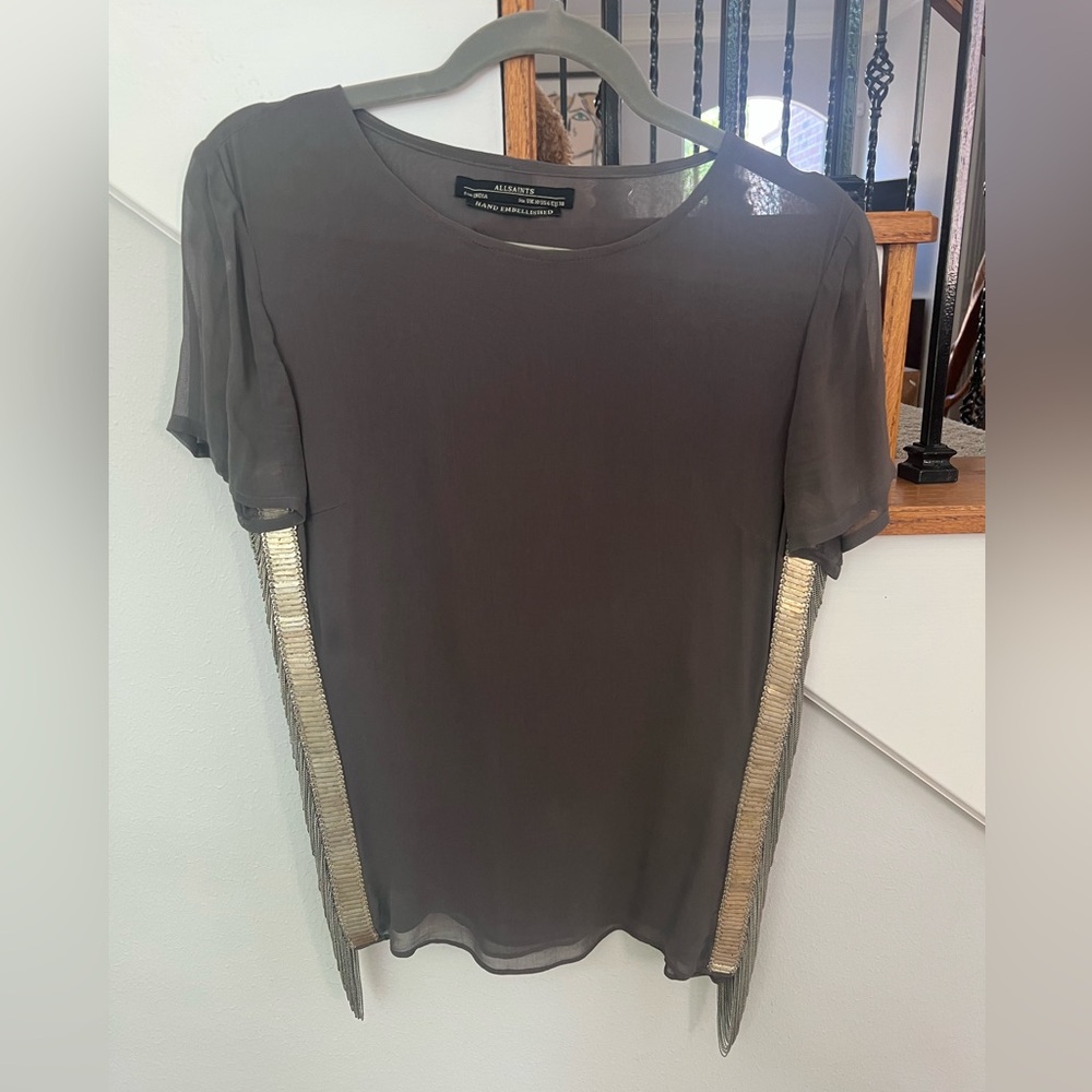All Saints Gray Top with Gold Accents